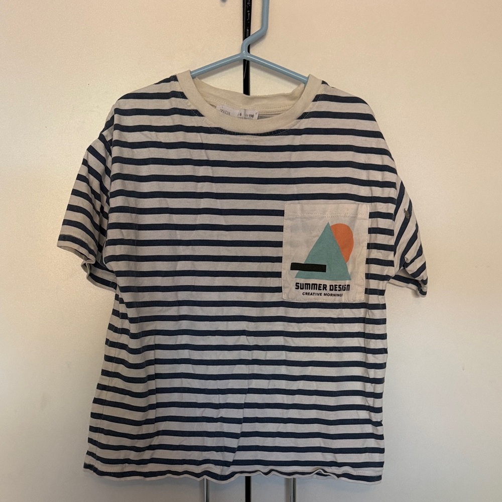Zara Navy and White Striped Kids Tee with Graphic Pocket